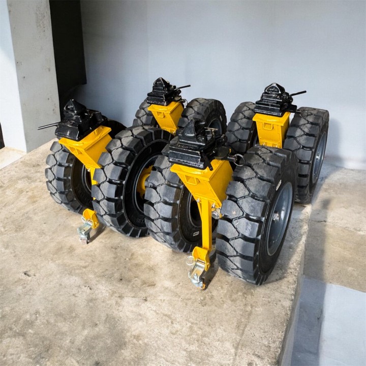 Kit de 4 roulettes jumelées sur pneus pleins souple, pour container iso avec connexion twist lock + timon de traction