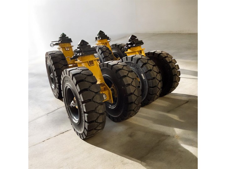 Kit de 4 roulettes jumelées sur pneus pleins souple, pour container iso avec connexion twist lock + timon de traction