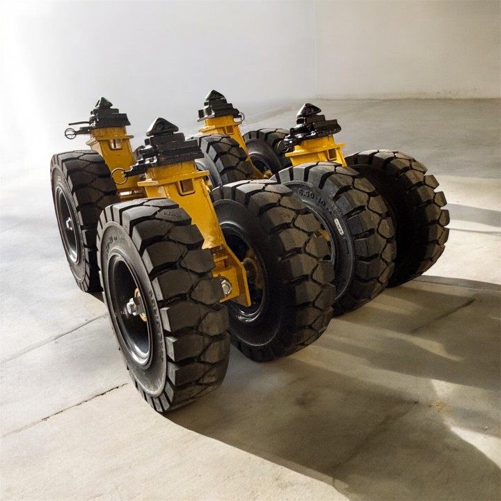 Kit de 4 roulettes jumelées sur pneus pleins souple, pour container iso avec connexion twist lock + timon de traction