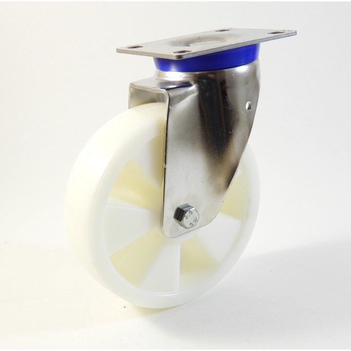 Roulette inox à platine renforcé, roue polyamide 6 blanc renforcé (série  I60/PR)