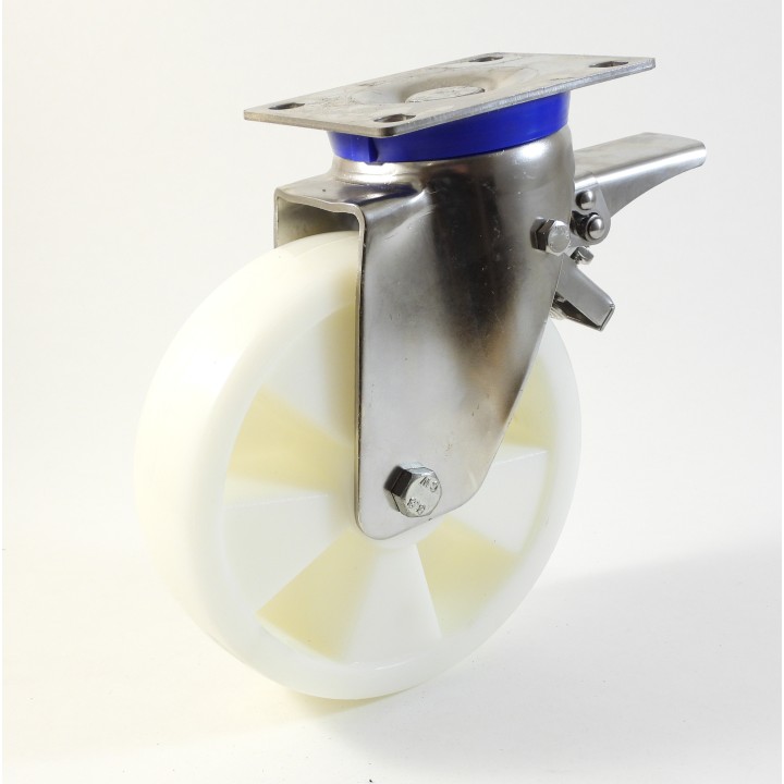 Roulette inox à platine renforcé, roue polyamide 6 blanc renforcé (série  I60/PR)