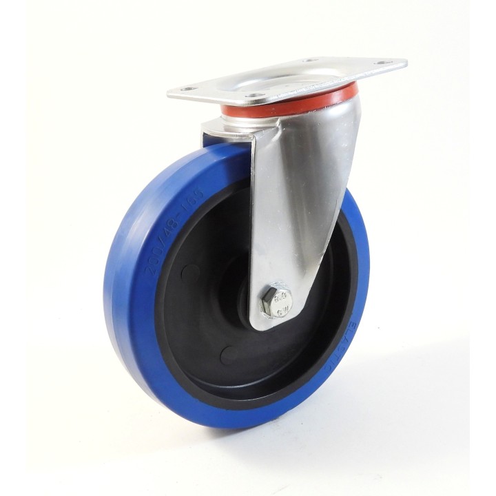 Roulette à platine, Roue à bandage caoutchouc élastique bleu non marquant, jante polyamide (série 22-40/LB)