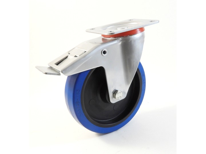 Roulette à platine, Roue à bandage caoutchouc élastique bleu non marquant, jante polyamide (série 22-40/LB)