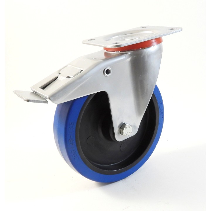 Roulette à platine, Roue à bandage caoutchouc élastique bleu non marquant, jante polyamide (série 22-40/LB)