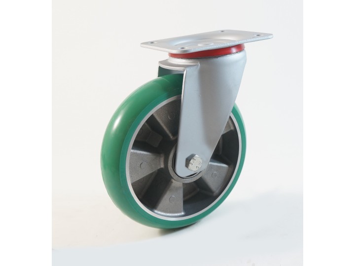 Roulette à platine, Roue à bandage polyuréthane souple coulé vert, jante aluminium, (série 40/TV)