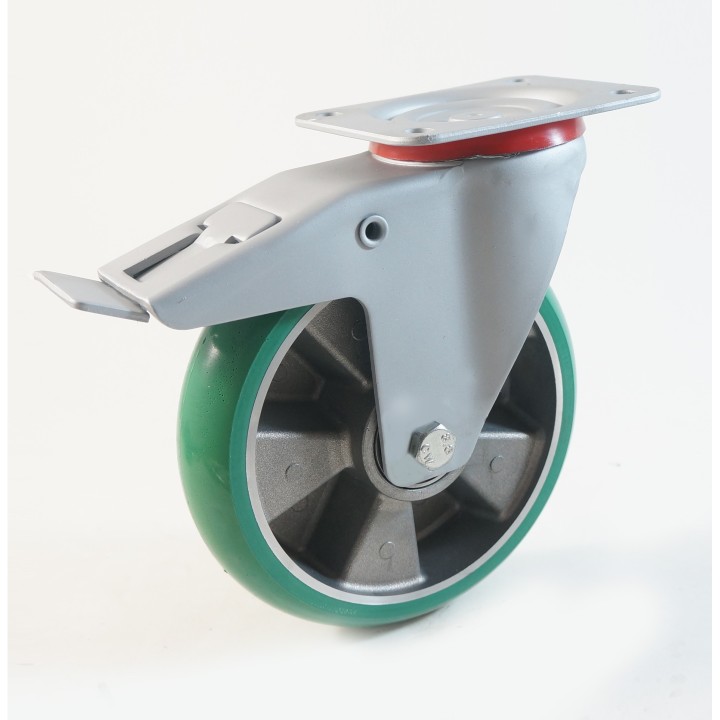 Roulette à platine, Roue à bandage polyuréthane souple coulé vert, jante aluminium, (série 40/TV)