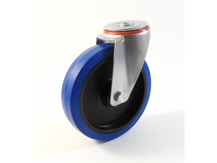 Roulette à trou central, Roue à bandage caoutchouc élastique bleu non marquant, jante polyamide (série 222/LB)