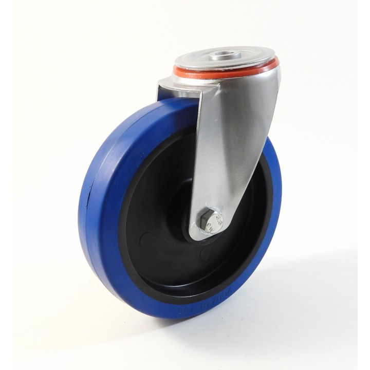Roulette à trou central, Roue à bandage caoutchouc élastique bleu non marquant, jante polyamide (série 222/LB)