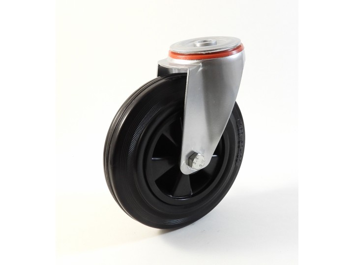 Roulette à trou central, Roue à bandage caoutchouc noir, jante polypropylène, (série 222/D)
