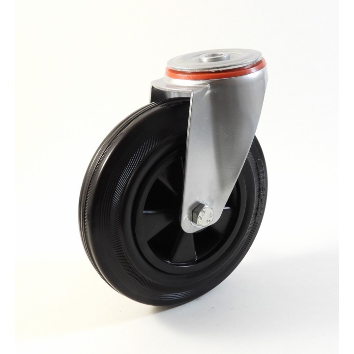 Roulette à trou central, Roue à bandage caoutchouc noir, jante polypropylène, (série 222/D)