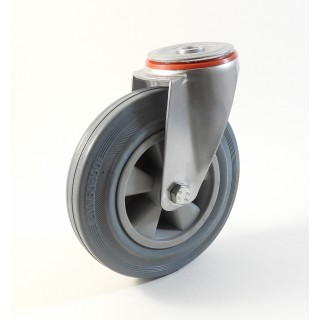 Roulette à trou central, Roue à bandage caoutchouc gris non marquant, jante polypropylène, (série 222/DG)