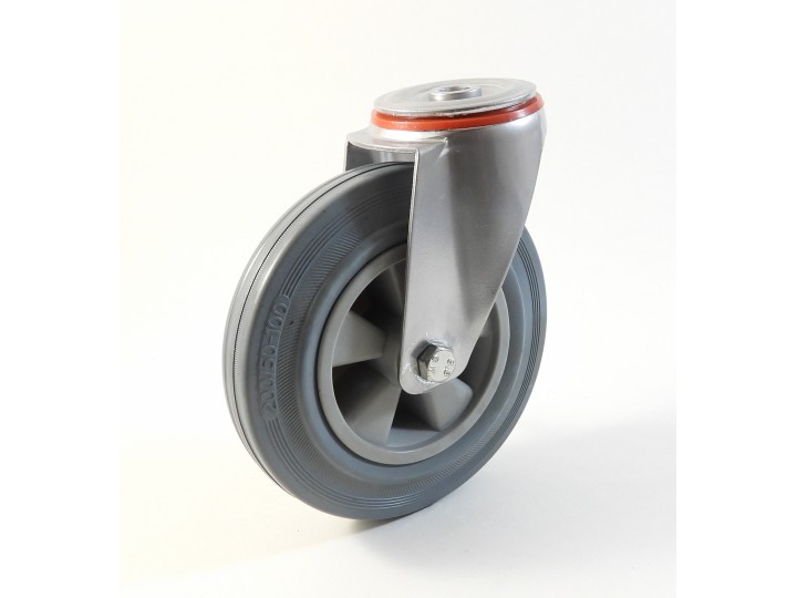Roulette à trou central, Roue à bandage caoutchouc gris non marquant, jante polypropylène, (série 222/DG)