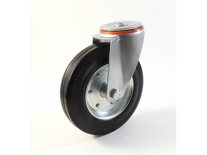 Roulette à trou central, Roue à bandage caoutchouc noir, jante tôle, (série 222/B)