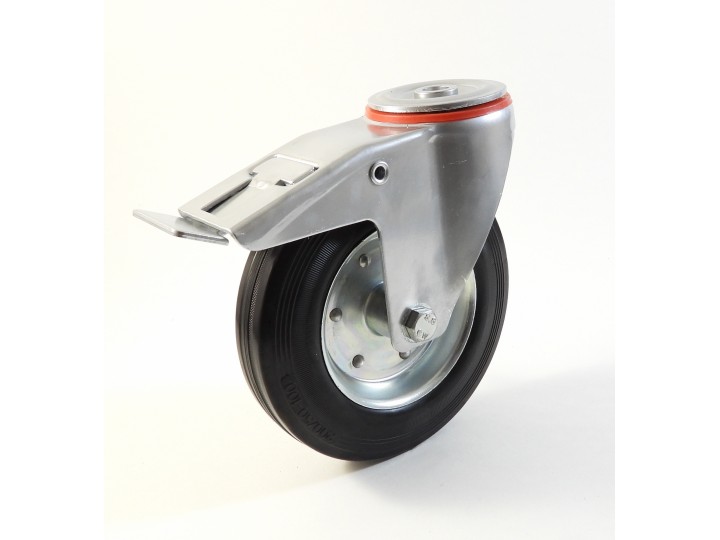 Roulette à trou central, Roue à bandage caoutchouc noir, jante tôle, (série 222/B)