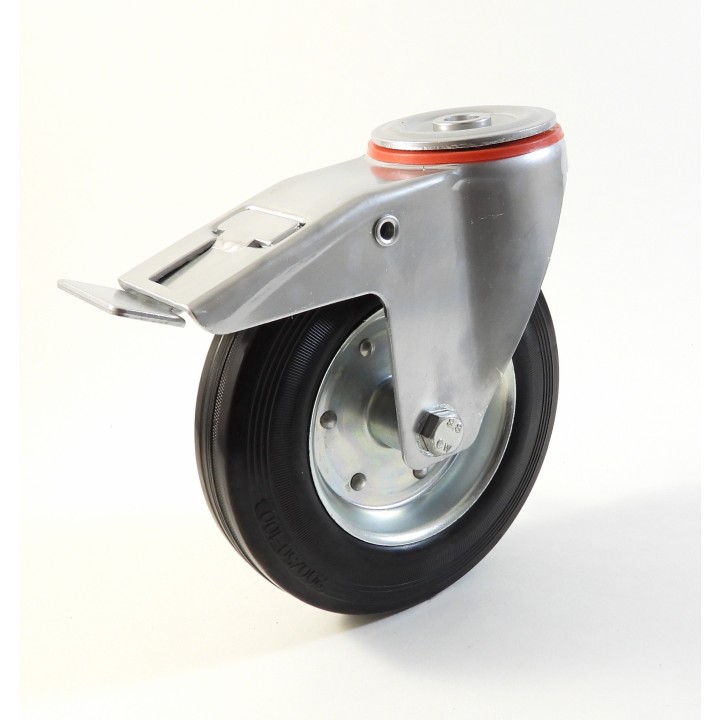 Roulette à trou central, Roue à bandage caoutchouc noir, jante tôle, (série 222/B)