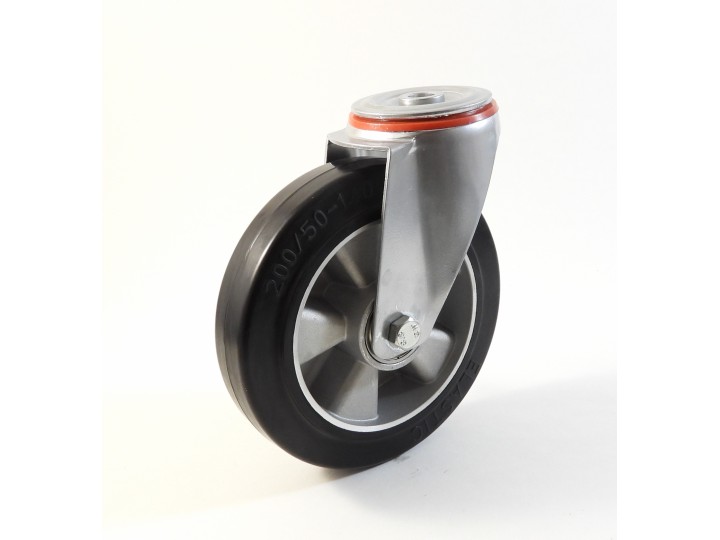 Roulette à trou central, Roue à bandage caoutchouc élastique noir, jante aluminium (série 222/E)