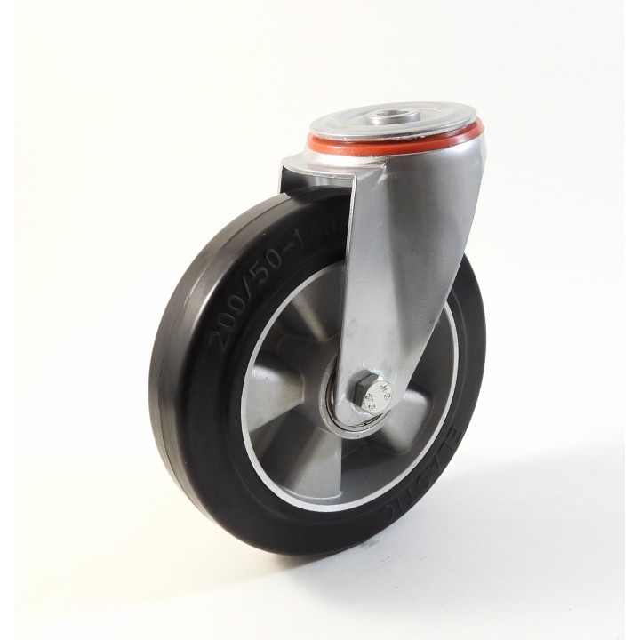 Roulette à trou central, Roue à bandage caoutchouc élastique noir, jante aluminium (série 222/E)