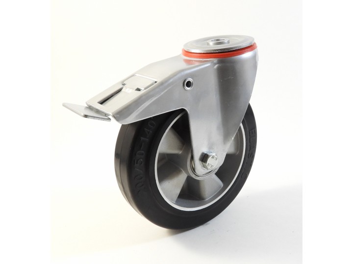 Roulette à trou central, Roue à bandage caoutchouc élastique noir, jante aluminium (série 222/E)