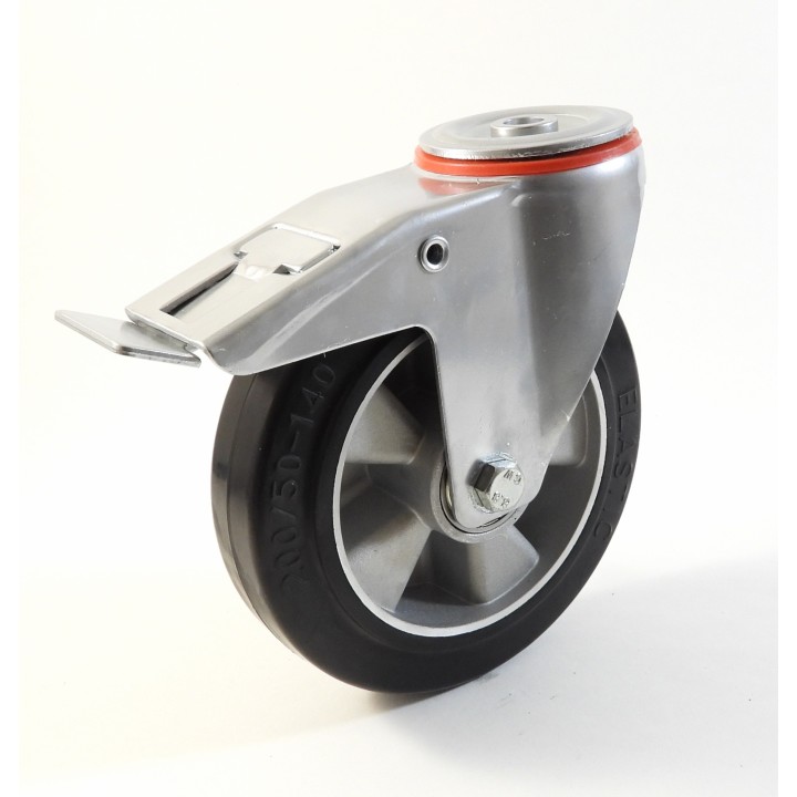 Roulette à trou central, Roue à bandage caoutchouc élastique noir, jante aluminium (série 222/E)