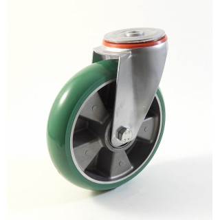 Roulette à trou central, Roue à bandage polyuréthane souple coulé vert, jante aluminium, (série 222/TV)