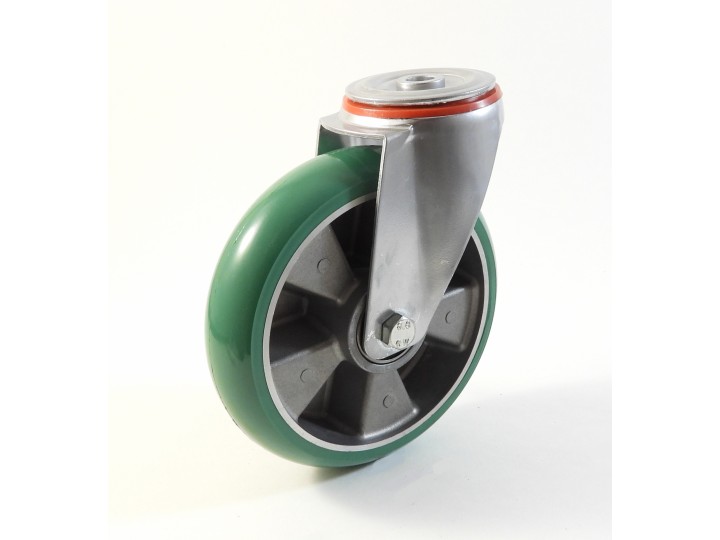 Roulette à trou central, Roue à bandage polyuréthane souple coulé vert, jante aluminium, (série 222/TV)