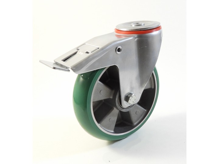 Roulette à trou central, Roue à bandage polyuréthane souple coulé vert, jante aluminium, (série 222/TV)