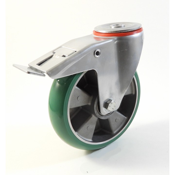 Roulette à trou central, Roue à bandage polyuréthane souple coulé vert, jante aluminium, (série 222/TV)