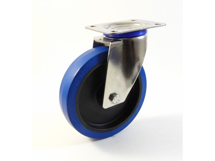 Roulette inox à platine, Roue à bandage caoutchouc élastique bleu non marquant, jante polyamide (série I20/LB)