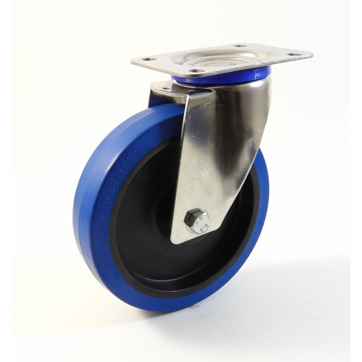 Roulette inox à platine, Roue à bandage caoutchouc élastique bleu non marquant, jante polyamide (série I20/LB)