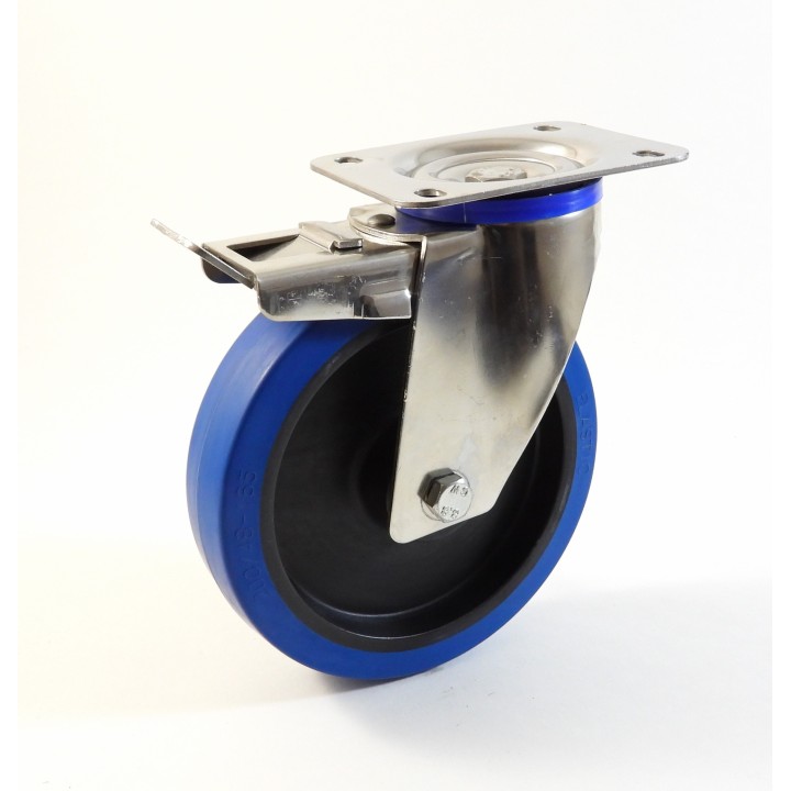 Roulette inox à platine, Roue à bandage caoutchouc élastique bleu non marquant, jante polyamide (série I20/LB)