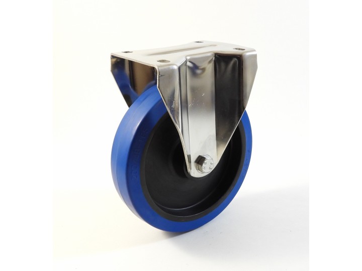 Roulette inox à platine, Roue à bandage caoutchouc élastique bleu non marquant, jante polyamide (série I20/LB)