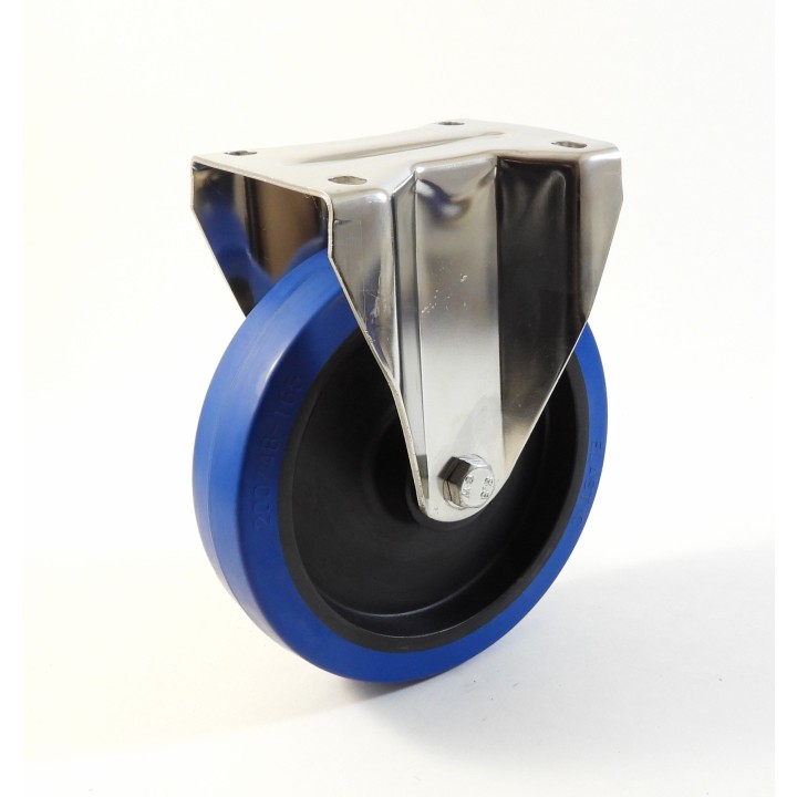Roulette inox à platine, Roue à bandage caoutchouc élastique bleu non marquant, jante polyamide (série I20/LB)