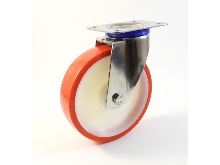 Roulette inox à platine, Roue à bandage polyuréthane injecté rouge, jante polyamide (série I20/N)