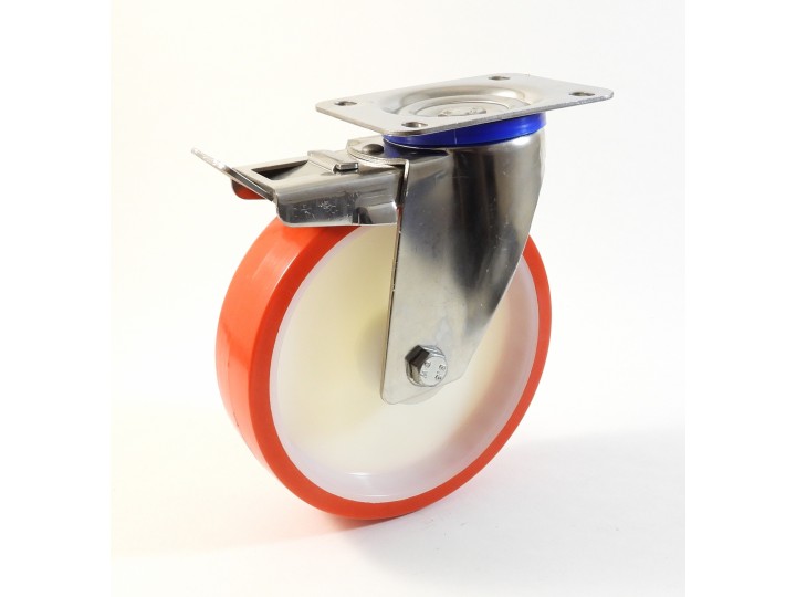 Roulette inox à platine, Roue à bandage polyuréthane injecté rouge, jante polyamide (série I20/N)