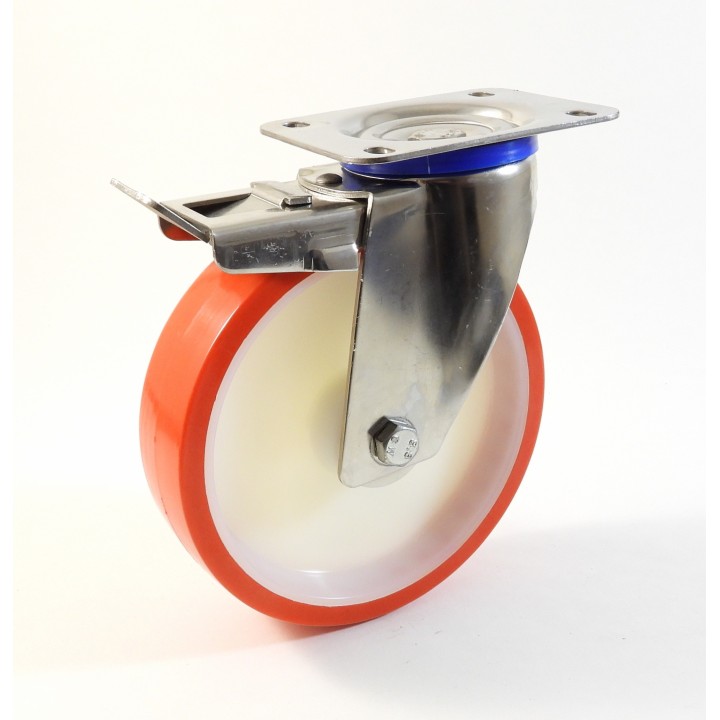 Roulette inox à platine, Roue à bandage polyuréthane injecté rouge, jante polyamide (série I20/N)