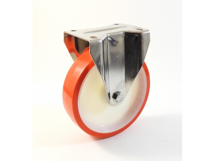 Roulette inox à platine, Roue à bandage polyuréthane injecté rouge, jante polyamide (série I20/N)