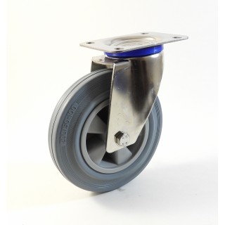 Roulette inox à platine, Roue à bandage caoutchouc gris non marquant, jante polypropylène (série I20/DG)