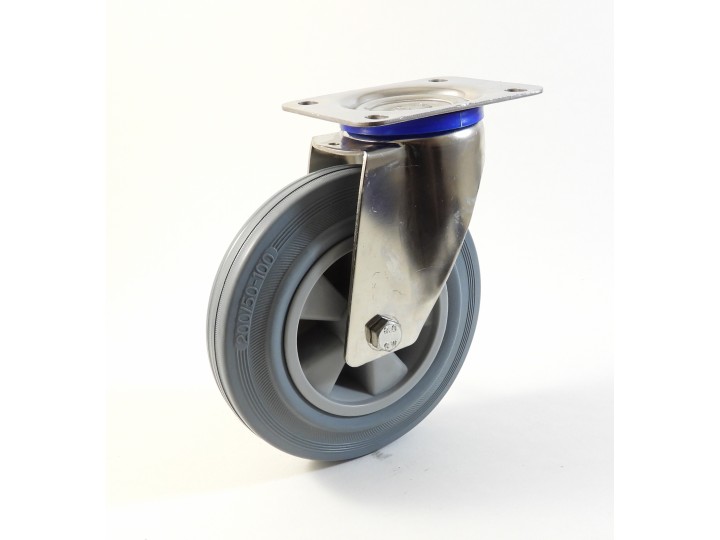 Roulette inox à platine, Roue à bandage caoutchouc gris non marquant, jante polypropylène (série I20/DG)