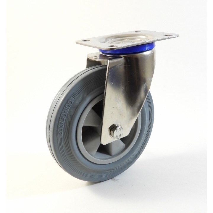 Roulette inox à platine, Roue à bandage caoutchouc gris non marquant, jante polypropylène (série I20/DG)