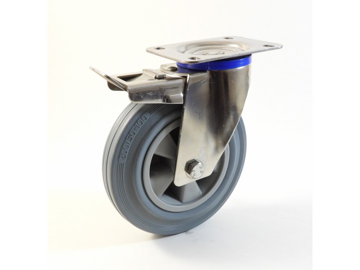 Roulette inox à platine, Roue à bandage caoutchouc gris non marquant, jante polypropylène (série I20/DG)