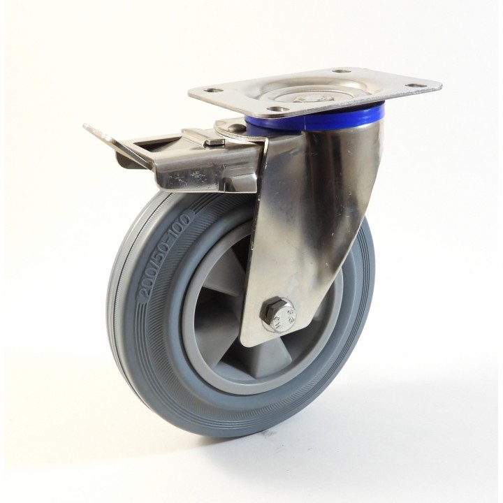 Roulette inox à platine, Roue à bandage caoutchouc gris non marquant, jante polypropylène (série I20/DG)