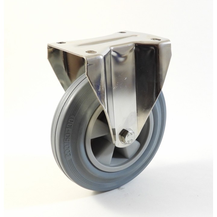 Roulette inox à platine, Roue à bandage caoutchouc gris non marquant, jante polypropylène (série I20/DG)