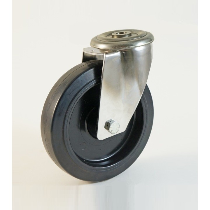 Roulette inox à trou central haute température, Roue bandage caoutchouc thermorésistant, (série HI200/FN)