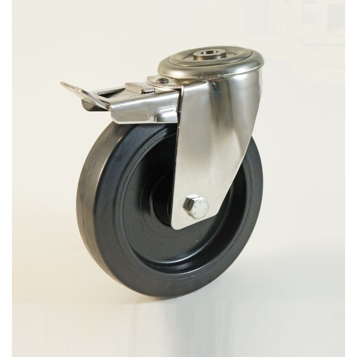 Roulette inox à trou central haute température, Roue bandage caoutchouc thermorésistant, (série HI200/FN)