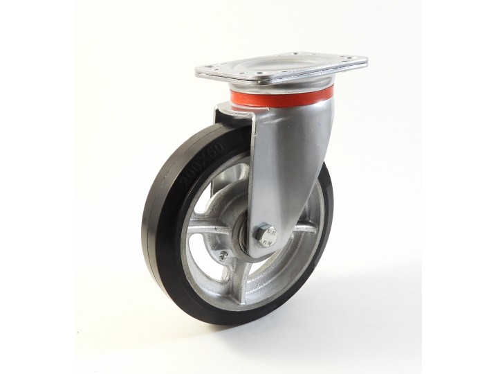 Roulette à platine renforcé, Roue à bandage caoutchouc élastique noir, jante fonte, (série 60/EF)