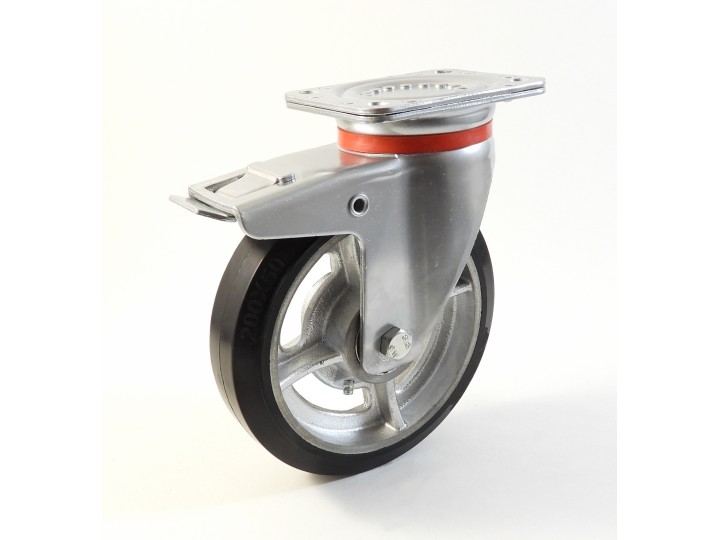 Roulette à platine renforcé, Roue à bandage caoutchouc élastique noir, jante fonte, (série 60/EF)