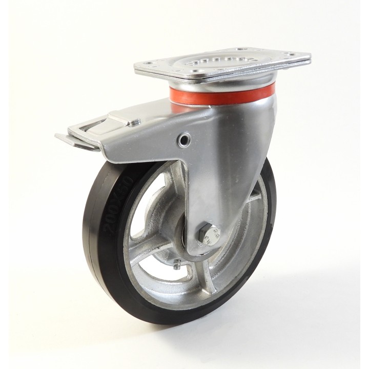 Roulette à platine renforcé, Roue à bandage caoutchouc élastique noir, jante fonte, (série 60/EF)