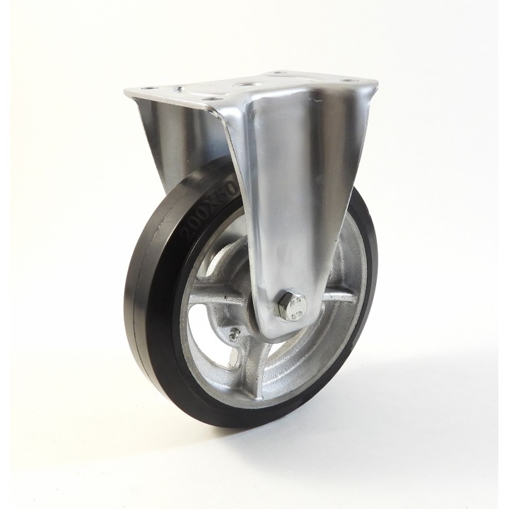 Roulette à platine renforcé, Roue à bandage caoutchouc élastique noir, jante fonte, (série 60/EF)