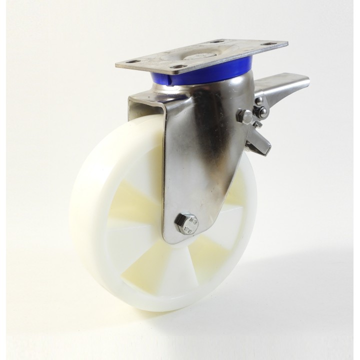 Roulette inox à platine renforcé, roue polyamide 6 blanc renforcé (série I60/PR)