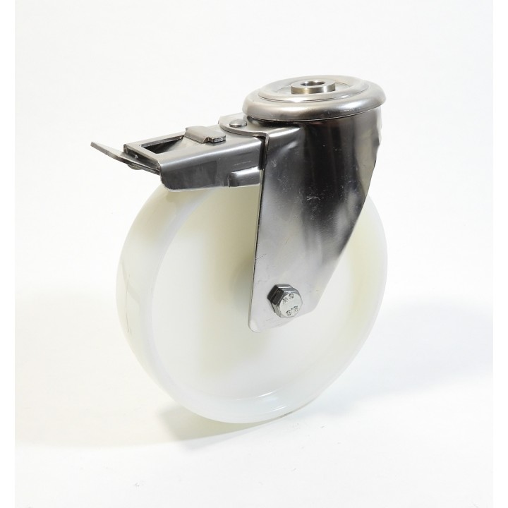Roulette inox à trou central,  roue polyamide 6 blanc (série I200/P)